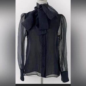 Zara sheer black top with bow neck tie - M